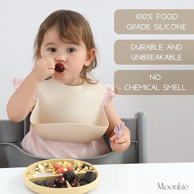 Moonkie Suction Plates for Baby | 100% Silicone BPA-Free Baby Plates with Lids and Food Cover | Divided Design | Microwave and Dishwasher Safe | Toddler Plates 2 Pack