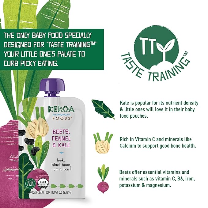 Kekoa Foods Beets, Fennel & Kale Baby Food Purée | 100% USDA Certified-Organic, No Sugar Added | Organic, Non-GMO, Gluten-Free, Vegan | Nutrient-Rich Blend with Leeks & Black Beans | 3.5 oz
