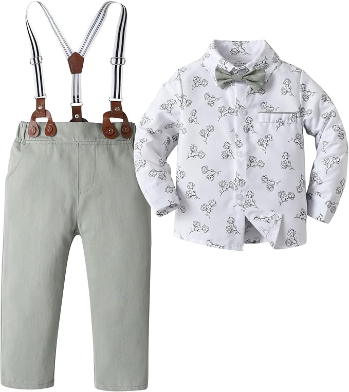 Boarnseorl Baby Boys Pants Sets,Toddler Gentleman Outfits, Infant Long Sleeve Shirt + Pants + Bow Tie + Suspenders