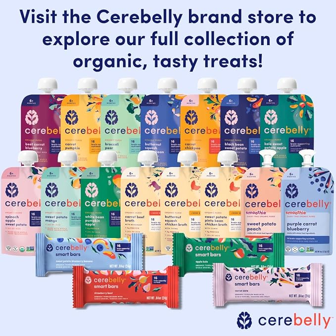 Cerebelly Organic Baby Food Pouches, Spinach Apple Sweet Potato Purees, 16 Nutrients, No Added Sugar, Fiber & Non-GMO, 4oz, 6 Pack