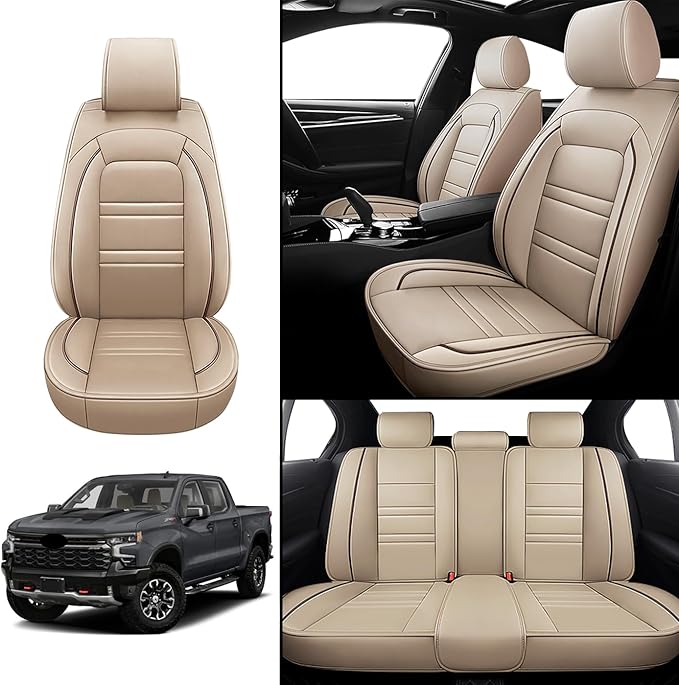 Seat Covers for Chevy Silverado 1500 2007-2025 | 5-Seats Leather Seat Covers, Easy to Install Automotive Seat Covers Full Set (Full Set, Beige)