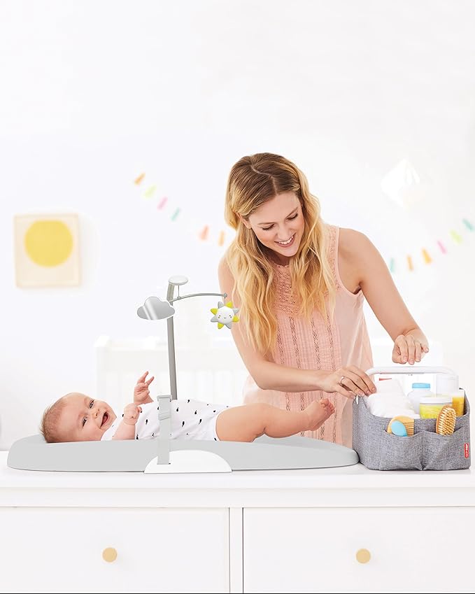Skip Hop Baby Changing Pad Nursery Style Wipe-Clean Contoured with Cushioned Foam, Non-Skid Base, Built-in Safety Belt & Tuck-Away Toy Bar, Grey