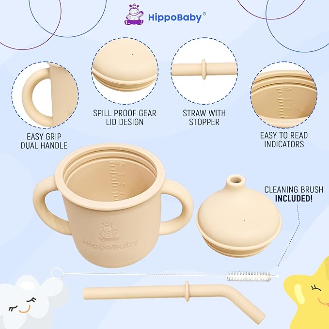 Silicone Transition Sippy Cup for 6+ month old | Includes 1 Toddler straw cup & 1 Baby Sippy Cup with Handles 5 oz | Perfect for Baby Led Weaning (Mint/Cream, 5 oz)