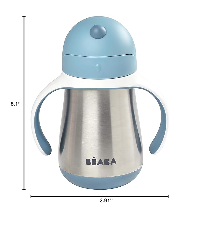 Beaba Stainless Steel Straw Sippy Cup, Insulated Toddler Cups Spill Proof with Removable Handles, Made with High Grade Stainless Steel, 8+ months, 8.5 oz (Rain)