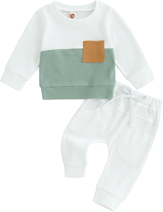 Toddler Baby Boy Fall Clothes Waffle Contrast Color Sweatshirt Pants Sets Infant Winter Outfits 6 12 18 24 Months