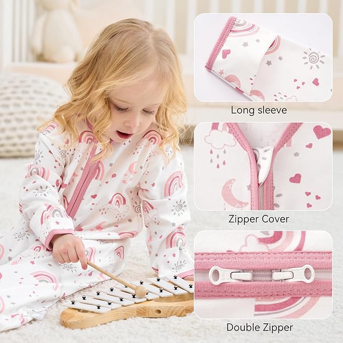 Baby Sleep Sack 18-24 Months, Long Sleeve Baby Wearable Blanket 0.5 Tog with Mittens, 2-Way Zipper Toddler Cotton Sleeping Sack for Boy and Girl Pink Rainbow 2 Pack(XLarge)