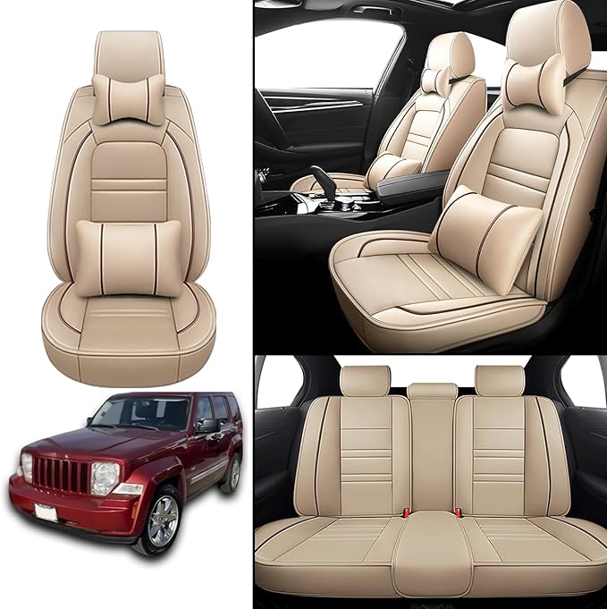 Car Seat Covers for JP Liberty 2002-2012 | 5-Seats Seat Covers, Waterproof Seat Protectors, Automotive Seat Covers (Full Set with Pillow,Beige)