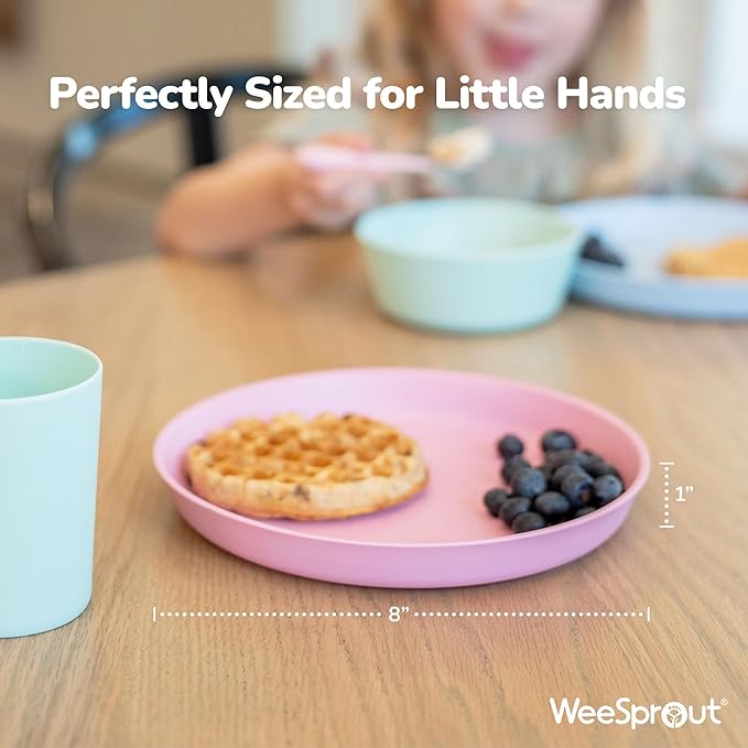 WeeSprout Bamboo Plates with Silicone Lids, Set of 4, Kid-Sized Dinnerware, Cereal, Leftovers & Snacks, Dishwasher Safe Melamine Dishware (Pink, Green, Gray, and Beige)
