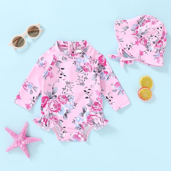 Infant Baby Girl Swimsuit One-Piece Long Sleeve Rash Guard with Hat Set Floral Zipper Bathing Suit Leopard Beach Wear