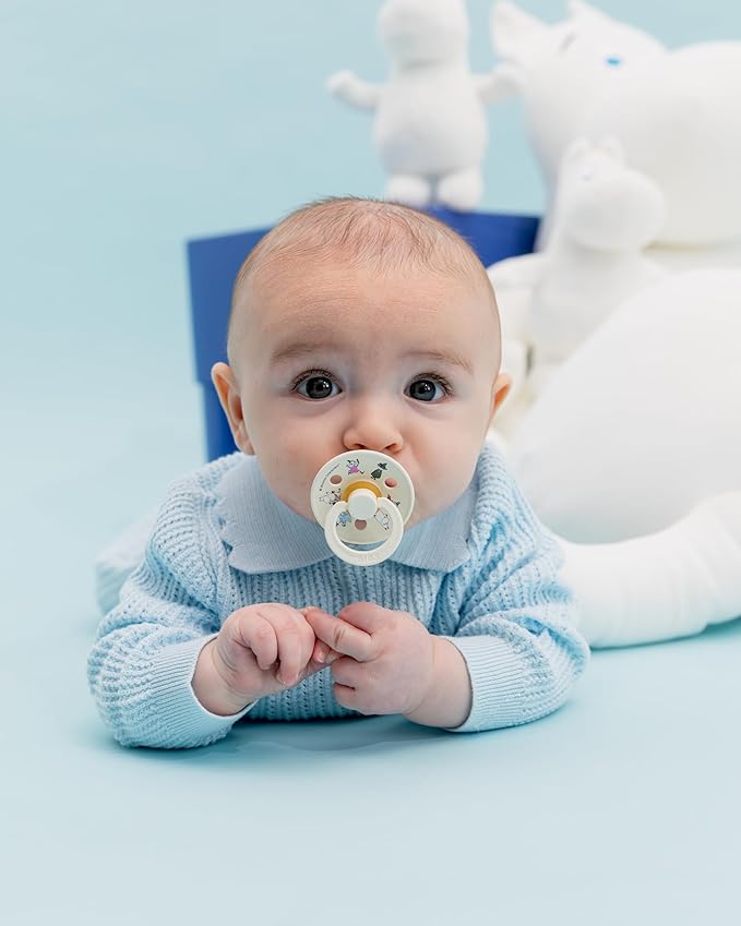BIBS Colour Moomins Pacifier 2-Pack, BPA Free Pacifier, Round Nipple. Natural Rubber Latex, Made in Denmark, Size 2 (6-18 Months), Candy Apple/Petal
