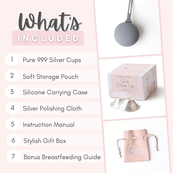Cradle & Grace Pure 999 Silver Nursing Cups with Gray Carrying Case, Silver Nipple Shields for Breastfeeding Newborn, Silver Nipple Covers Breastfeeding Kit, Regular