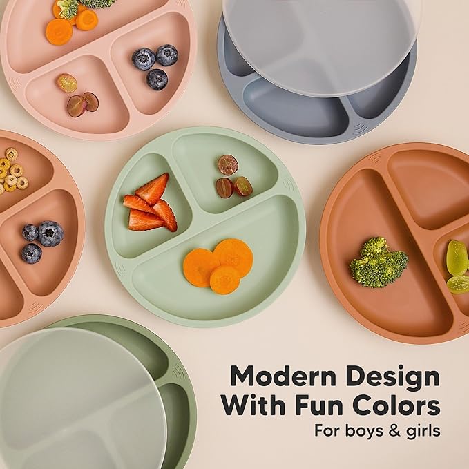 KeaBabies Suction Plates with Lids for Baby - 3-Pack 100% Silicone Toddler Plates with Suction, Divided, BPA-Free Baby Led Weaning Essentials for Kids, Dishwasher, Microwave Safe, Durable (Amaze)