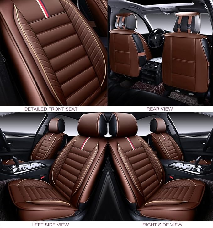 OASIS AUTO Car Seat Covers Premium Waterproof Faux Leather Cushion Universal Accessories Fit SUV Truck Sedan Automotive Vehicle Auto Interior Protector Front Pair (OS-001 Brown)
