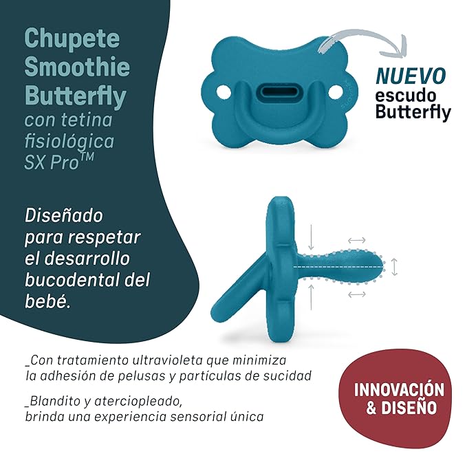 Color Essence SX PRO Silicone Butterfly Baby Pacifier 1Pk, Made with 100% Soft Silicone, Baby Essentials Perfect for Breastfeeding Babies, Designed in Spain, 0-6 Mths, Ballad Blue
