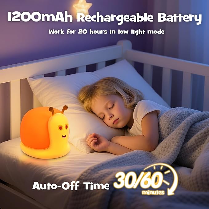 Cute Snail Night Light 2 Brightness Adjustable Fun Orange Slug Light with 30/60 Min Timer Squishy Nursery Breastfeeding Nightlight Rechargeable Silicone Touch Bedside Lamp for Home Bedroom Dorm Decor