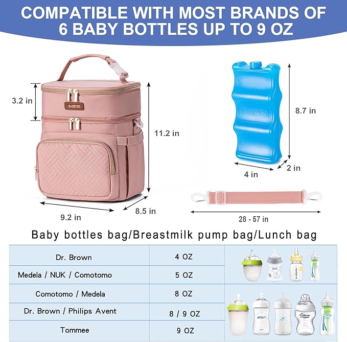 Insulated Breastmilk Cooler Bag with Ice Pack - Holds 6x9oz Bottles, Leakproof Double Layer, Bottle Cooler Bag with Adjustable Strap for Nursing Moms, Daycare & Travel