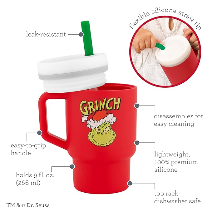 Infantino My 1st Tumbler, Silicone Sippy Cup with Straw & Handle, Spill-Resistant Baby Cup for On-the-Go, BPA-Free Transition Bottle, Grinch Red
