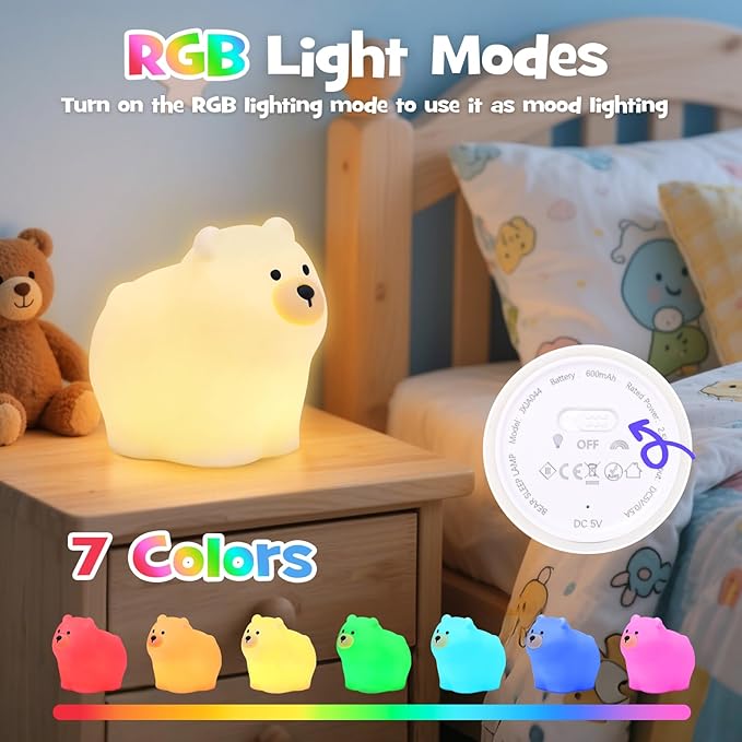 Squishy Polar Bear Night Light with RGB Mode Cute Polar Bear Light 3 Brightness Adjustable Nursery Breastfeeding Nightlight Rechargeable Silicone Touch Bedside Animal Lamp for Bedroom Dorm Decor