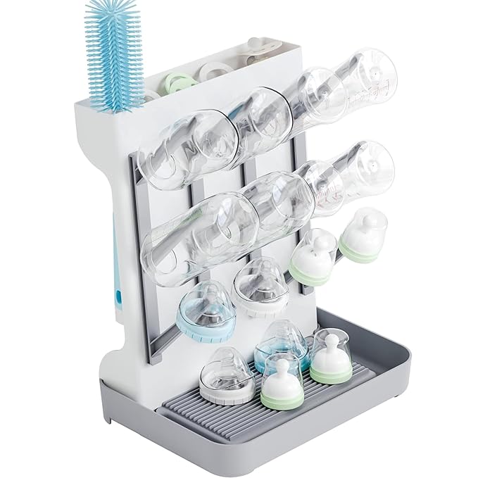 SuoXing Vertical Baby Bottle Drying Rack,Space Saving Countertop Baby Drying Rack for Bottles,Large Baby Bottle Station Stand,Bottle Rack Dryer for Brushes,Pacifiers,Baby Accessories Organizer,Grey