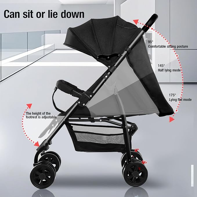 Lightweight Travel Stroller at Only 4.6 kg, Folding Compact Pushchair with Multi-Position Recline, Babies and Toddlers Pram from Birth, Baby Buggy with Cup Holder, Canopy (A8 Black)