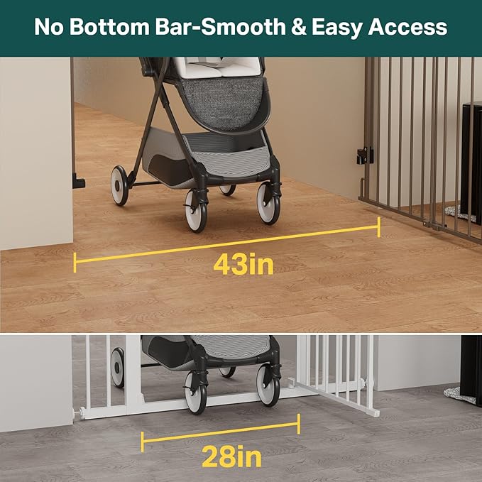 Cumbor 29.2–43" Baby Gate for Stairs, Wall-Mounted (Drill Required), Expandable No Bottom Bar Dog Gate, Auto Close Extra Wide Walk Thru, Pet & Toddler Proof Gate, Top & Bottom of Stairways (Brown)