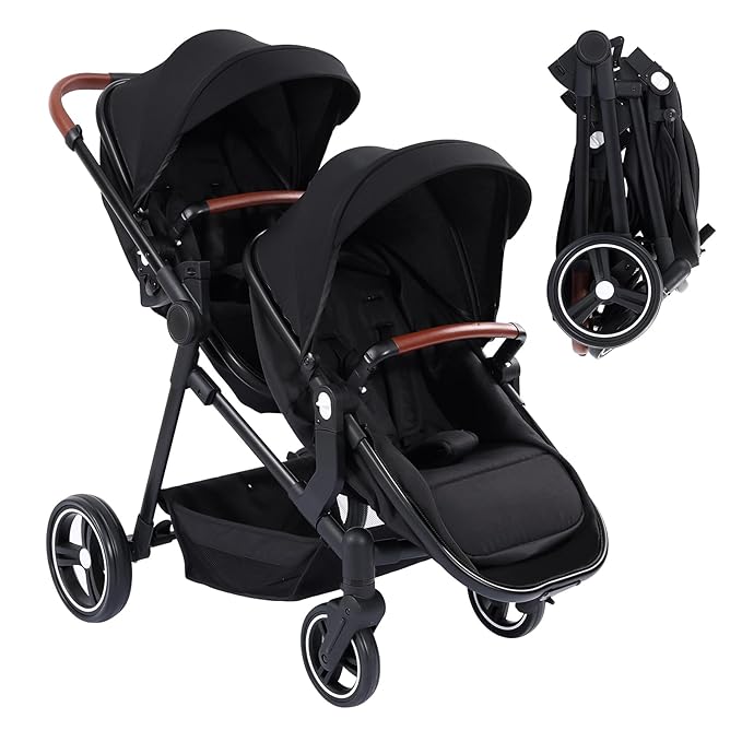 Tandem Double Stroller Newborn and Toddler, Foldable Twin Stroller with Reversible Seat, 5-Point Safety Harness, Adjustable Backrest & Canopy, Storage Basket