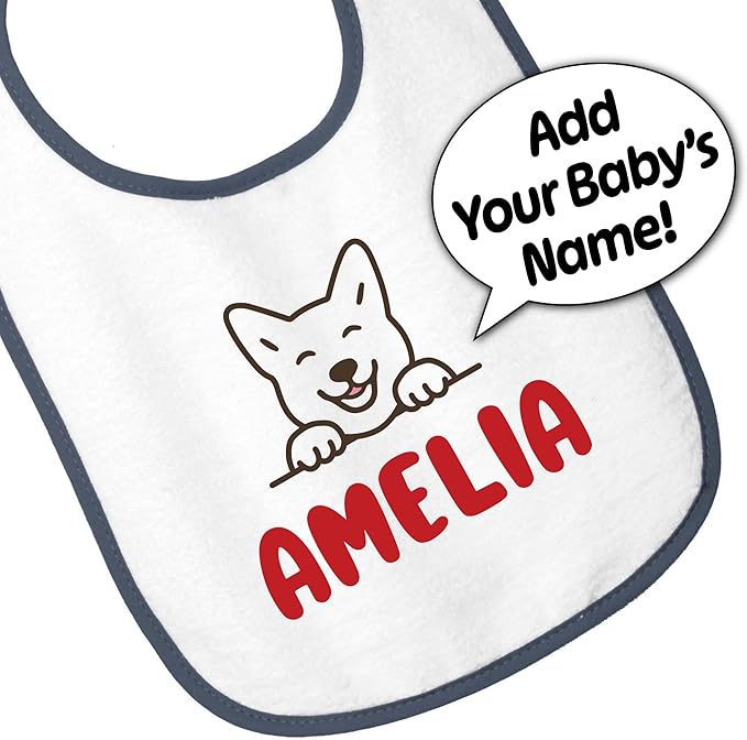 Personalized Baby Bib – Soft Cotton Terry, Cute Jindo Dog Design with Custom Text (1-2 Lines) – Newborns & Toddlers
