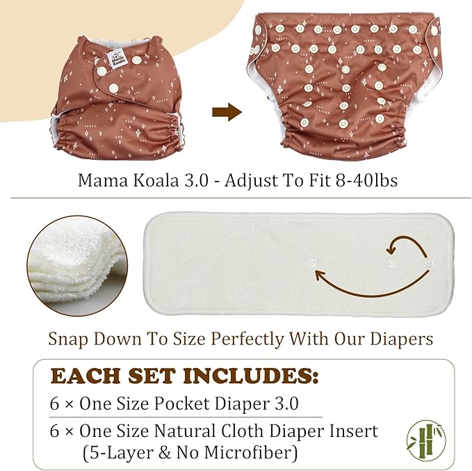 Mama Koala 3.0 Cloth Diapers for Babies with AWJ Lining, 6 Pack with 6 5-Layer Natural Cloth Diaper Inserts - Reusable and Washable Pocket Diapers(A-The Farm Story)