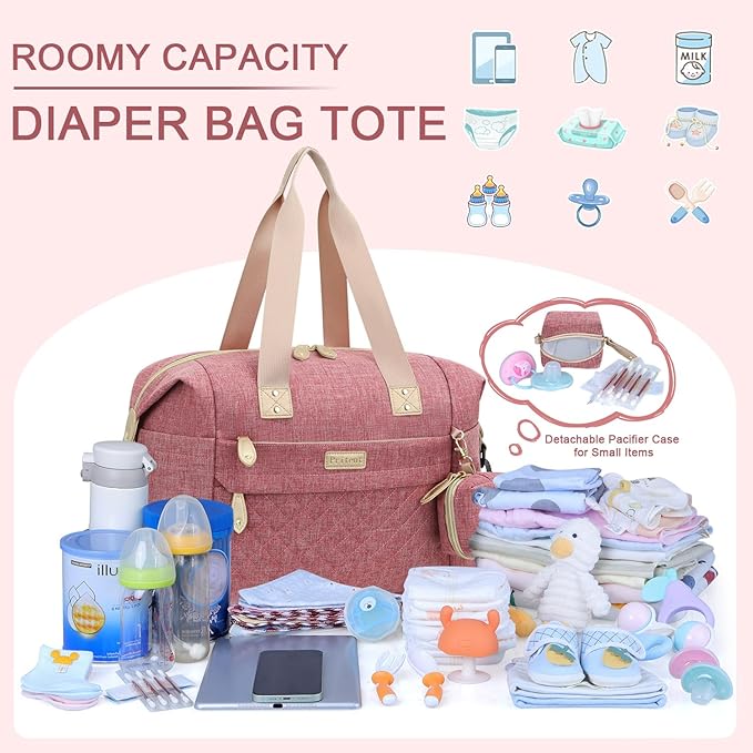 Pritent Diaper Bag Tote - Diaper Baby Bags with Pacifier Case, Shoulder Straps, Stroller Clips, Waterproof Large Mommy Bag Maternity Bag Travel Baby Bag for Mom and Dad, Pink