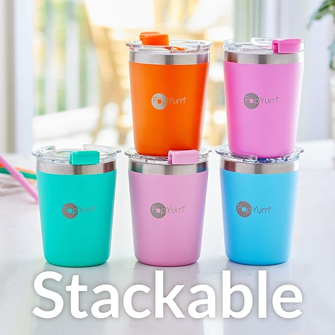PopYum 9oz Insulated Stainless Steel Kids’ Cups with Lid and Straw, 2-Pack, Orange, Blue, stackable, sippy, baby, child, toddler, tumbler, double wall, vacuum, leak proof