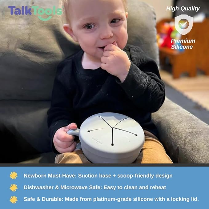 TalkTools Itsy Bowl with Locking Lid - Platinum grade silicone with Volume Lines, Curved Walls for Easy Scooping - for Babies, Toddlers, Children, and Elderly - Snack Cup Lid Accessory (Sage)