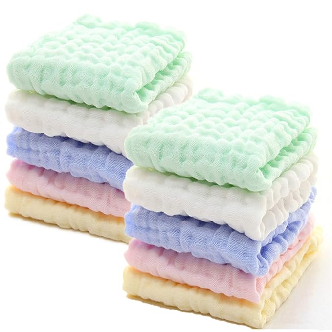 MUKIN Baby Washcloths - Natural Cotton Baby Wipes - Soft Newborn Face Towel for Sensitive Skin - 10 Pack, 12x12 inches (Multicolored)