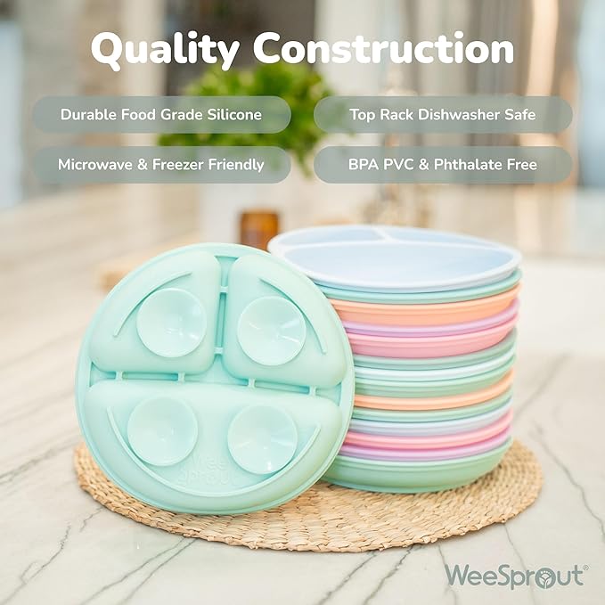 WeeSprout Suction Plates with Lids for Babies & Toddlers, 100% Silicone Dinnerware Stays Put, Divided Design for Picky Eaters, Microwave & Dishwasher Friendly, 3 Pack (Matte Pink, Purple, Blush Pink)