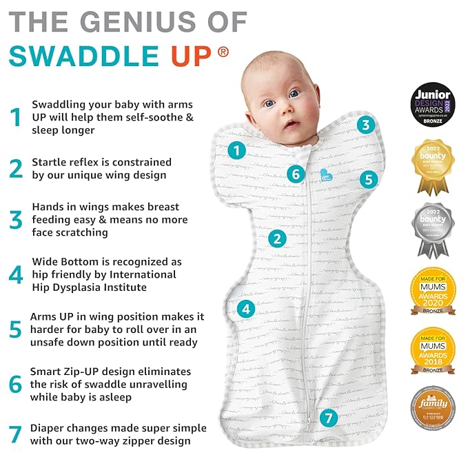 Love to Dream Swaddle UP, Gray, Newborn, 5-8.5 lbs., Dramatically Better Sleep, Allow Baby to Sleep in Their Preferred arms up Position for self-Soothing, snug fit Calms Startle Reflex