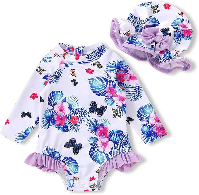 Infant Baby Girl Swimsuit One-Piece Long Sleeve Rash Guard with Hat Set Floral Zipper Bathing Suit Leopard Beach Wear
