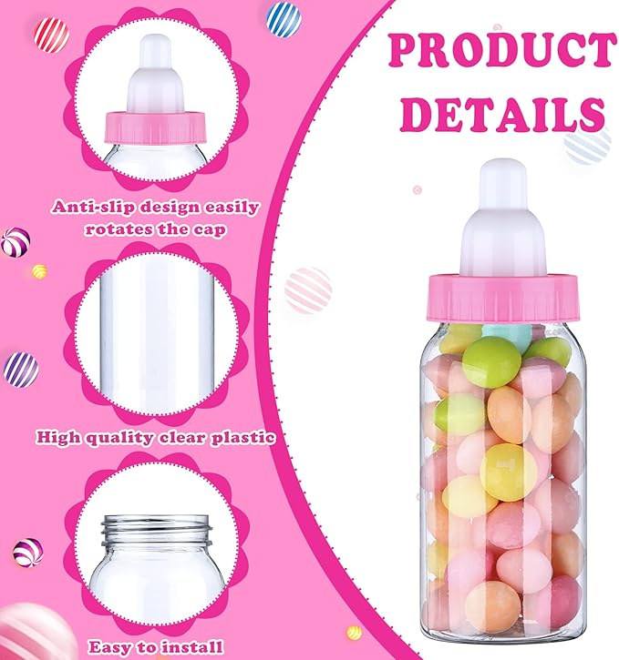 60 Pcs 4.5 Inch Baby Mini Milk Bottle Baby Shower Favor Fillable Feeding Bottle Candy Box Small Plastic Candy Container DIY Gift for Boy Girl Newborn Baptism Party Decor (Pink)