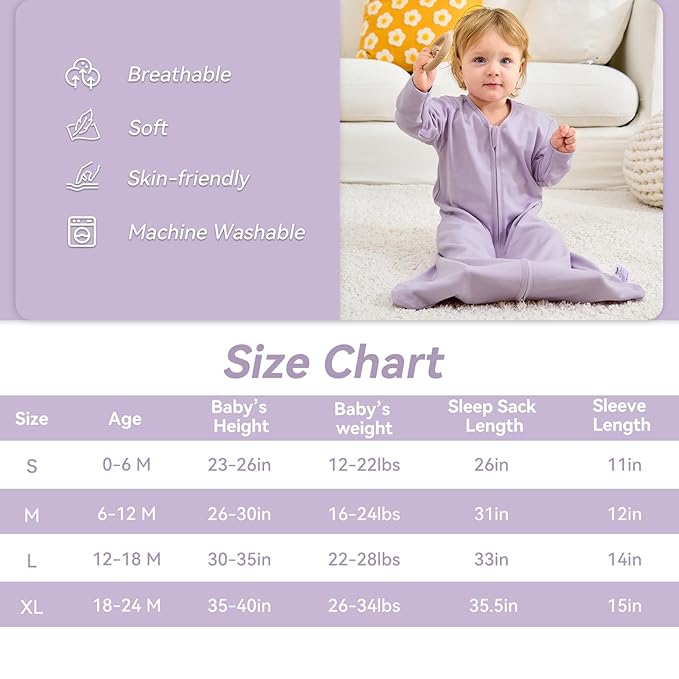 Baby Sleep Sack 12-18 Months, Long Sleeve Baby Wearable Blanket 0.5 Tog with Mittens, 2-Way Zipper Toddler Cotton Sleeping Sack for Boy and Girl Purple Butterfly 2 Pack(Large)