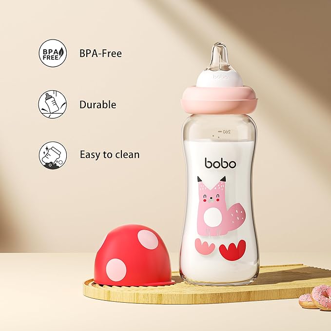 YOHKOH Natural Glass Baby Bottle with Natural Response Nipple, Newborn Anti-Colic Baby Bottles, Wide Neck Mushroom Cap Baby Bottle, Clear (8.8ounce (Pack of 2), Red2)