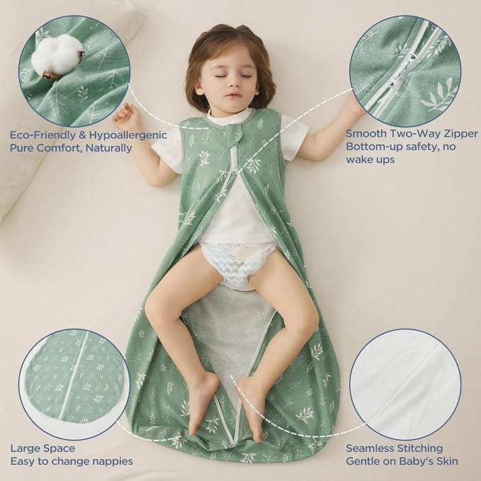 Duomiaomiao 3-Pack Baby Sleep Bag, 100% Organic Cotton Lightweight Wearable Blanket, Breathable Comfy Toddler Sleeping Sack (0.5tog Green Leaves, Large)