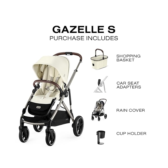 Cybex Gazelle S Stroller Modular Double for Infant and Toddler Includes Detachable Shopping Basket Over 20+ Configurations Folds Flat Easy Storage, Seashell Beige, 1.0 Count, 28.4 pounds