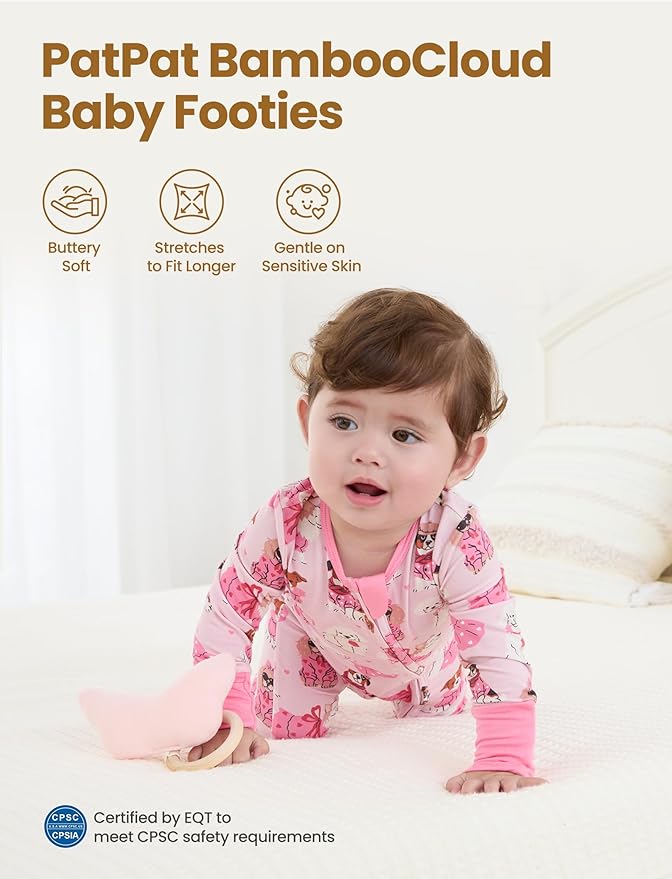PATPAT Baby Footie Romper with Mittens for Boy and Girl, Anti-Slip & 2-Way Zipper, Long Sleeve, Viscose from Bamboo, Outfit