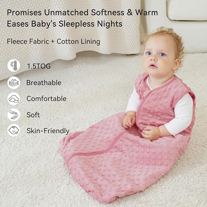 Fleece Baby Sleep Sack 0-6 Months with Plush Dots 1.5 Tog Baby Wearable Blanket with 2-Way Zipper Warm Sleeping Sack for Toddler Infant Newborn - Small, Pink