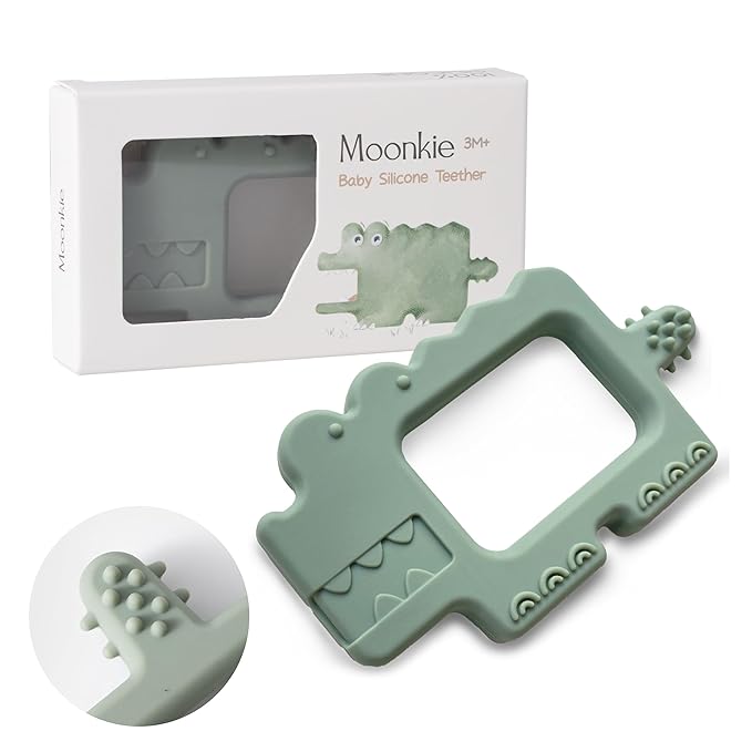 Moonkie Teething Toy, Safe & Easy to Hold BPA Free Silicone Baby Soothing Teethers, Prevent Finger Sucking Teether Toys Best for Babies 0-6 6-12 Months (Crocodile Sage)