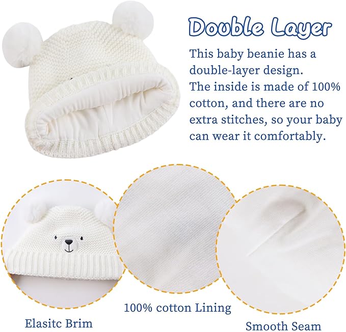 JANGANNSA Cute Bear Baby Beanie Pompom Baby Boys Hat Infant Toddler Winter Knitted Beanies for Girls