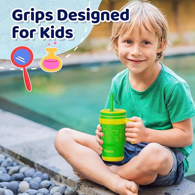 Tronco 14 oz Kids Insulated Tumbler with Handle & Spill Resistant Flexible Straw, BPA-Free Stainless Steel Toddler Cups with Lids, Splash-Proof Kid Drinking Cup Travel Mugs, Easy to Clean