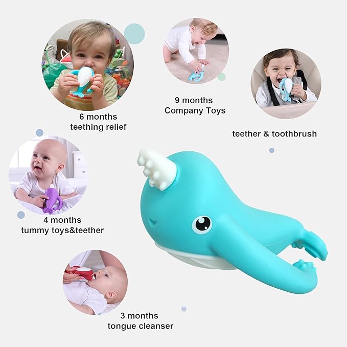 Best Baby Toy for 4Months Baby, Baby Teething Toys for 3-6 6-12 Months, Teething Relief Toys, Food Grade Silicone Montessori Baby Teether Toy for 3-6months, Sensory Toys for Teething Babies, Blue