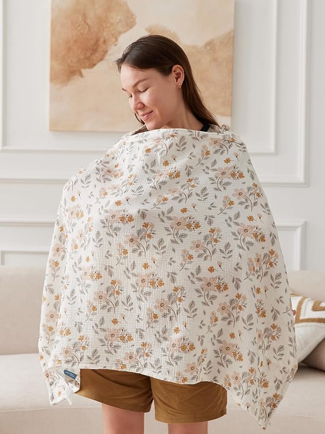 TILLYOU Muslin Nursing Cover for Baby Breastfeeding, 100% Cotton Breathable with Arch Neckline for Women, Yellow Flower