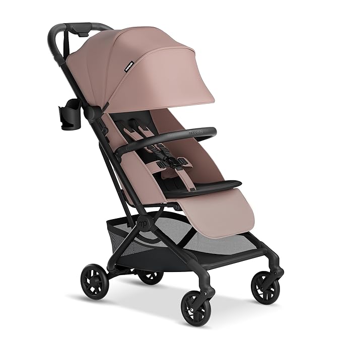 Mompush Velo Lightweight Travel Stroller, Compact & Airplane-Friendly for Baby and Toddler, Lie-Flat Seat, One-Hand Fold, with Leather Bumper Bar, Shoulder Strap, Raincover, Storage Bag & Cup Holder