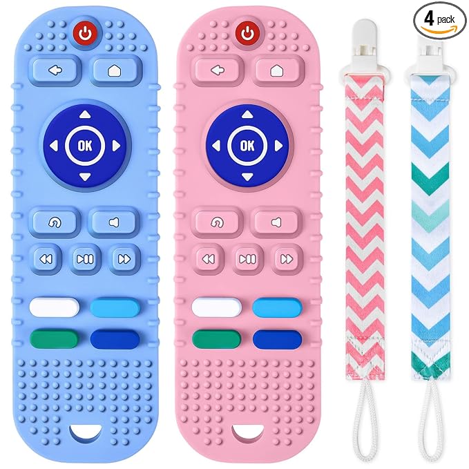 Aolso Baby Teether Toys, 2PCS Silicone Teething Toys, Remote Control Shape Teething Toys with 2PCS Pacifier Clip, Teething Relief Toys for Baby 3-24 Months, BPA-Free Baby Chew Toys(Bule&Pink)