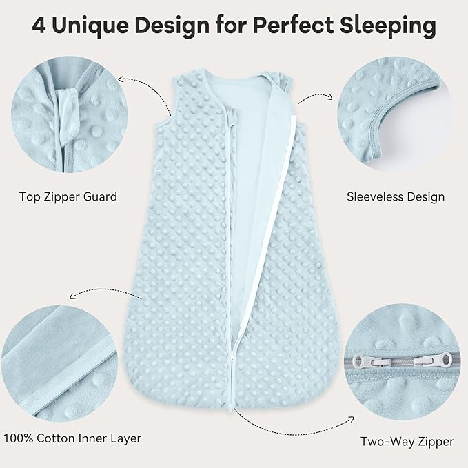 Fleece Baby Sleep Sack 0-6 Months with Plush Dots 1.5 Tog Baby Wearable Blanket with 2-Way Zipper Warm Sleeping Sack for Toddler Infant Newborn - Small, Sky Blue
